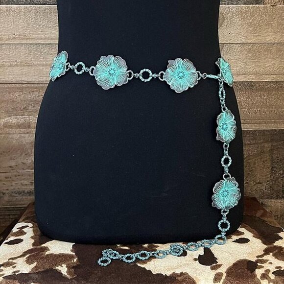 Unbranded Accessories - Western Concho Floral Flower Patina Metal Cable Link Belt Turquoise Blue Accents